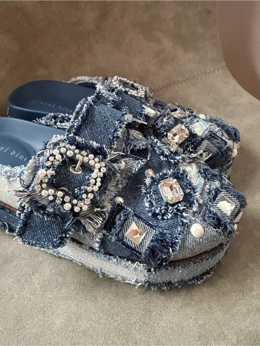 NWT Gianni Bini Omari Denim Patchwork Jewel and Pearl Embellished Platform Clogs